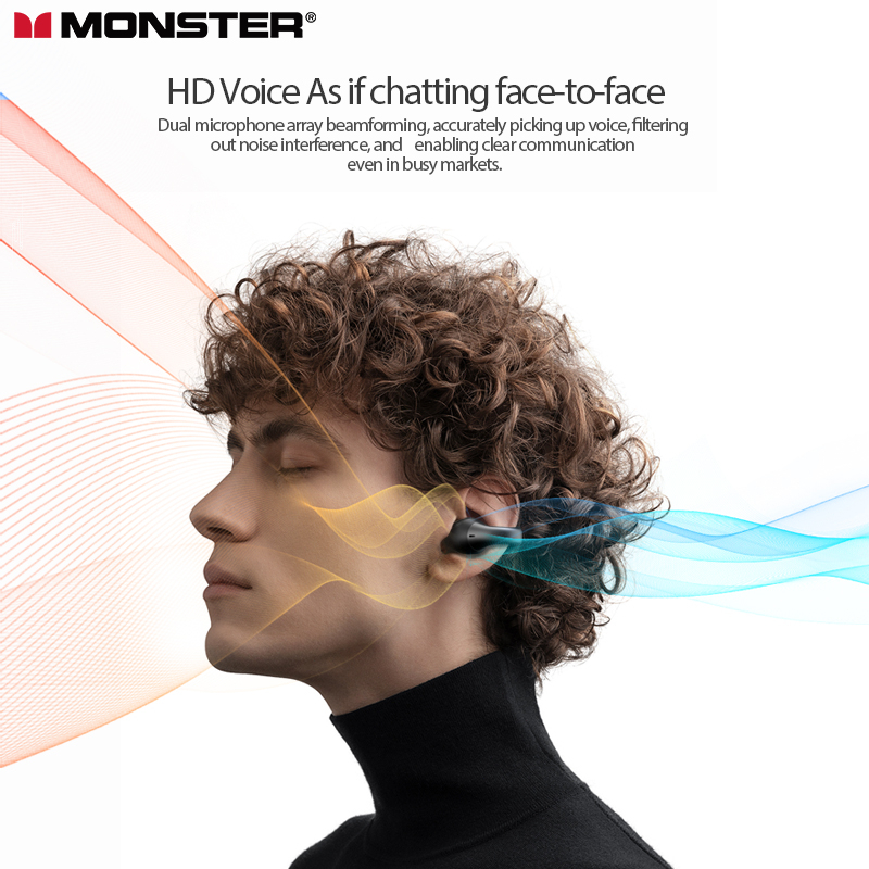 Monster Open Ear 200 หูฟังบลูทูธ IPX5 Waterproof Ear-Clip หูฟังไร้สายแบบสปอร์ต การลดเสียงรบกวน ENC 6D สเตอริโอ Bluetooth 5.3 หูฟัง with Mic