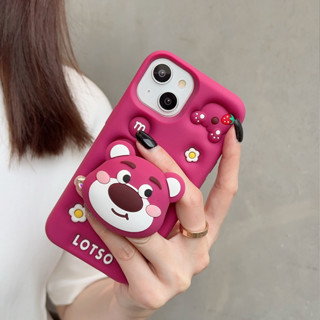 เคสโทรศัพท์มือถือ ซิลิโคนนิ่ม ลายการ์ตูนหมี สตรอเบอร์รี่ กุหลาบ สีแดง 3D พร้อมขาตั้ง สําหรับ Iphone 15PRO 13 pro max 12 pro max 11 14PROMAX