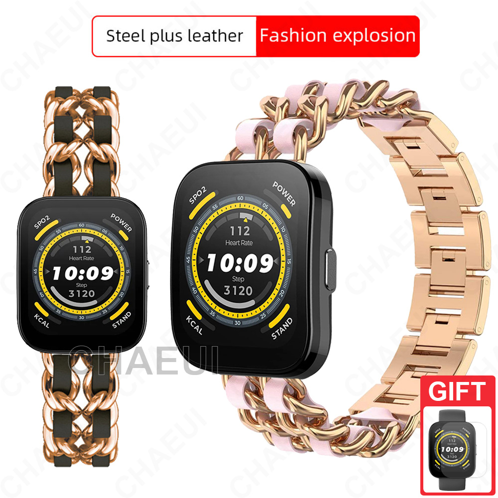 สร้อยข้อมือสายสแตนเลสสายหนังสําหรับ Amazfit Bip Max 6 5 Unity 3 U Pro S / GTS 4 Mini 3 2 / GTR Mini