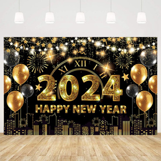 แบนเนอร์ไวนิล ลาย Happy New Year 2024 1.5*1 เมตร สีดํา ทอง สําหรับถ่ายภาพวันเกิด ปีใหม่