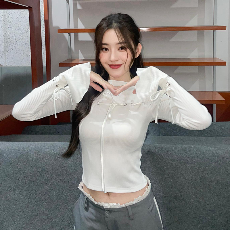 เสื้อครอปท็อปแขนยาว ประดับโบว์ สําหรับผู้หญิง