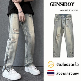 Gensiboy- พร้อมส่ง กางเกงยีนผู้ชายวินเทจ ฮิปฮอป อเมริกัน INS แบรนด์สตรีท สูง แต่งซิป  ผ่าข้าง ขาขาด M-3XL สไตล์เกาหลี