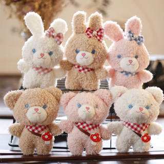 ผ้าพันคอลายสก๊อตน่ารัก พร้อมโบว์ ตุ๊กตาหมี และกระต่าย 12 ซม.