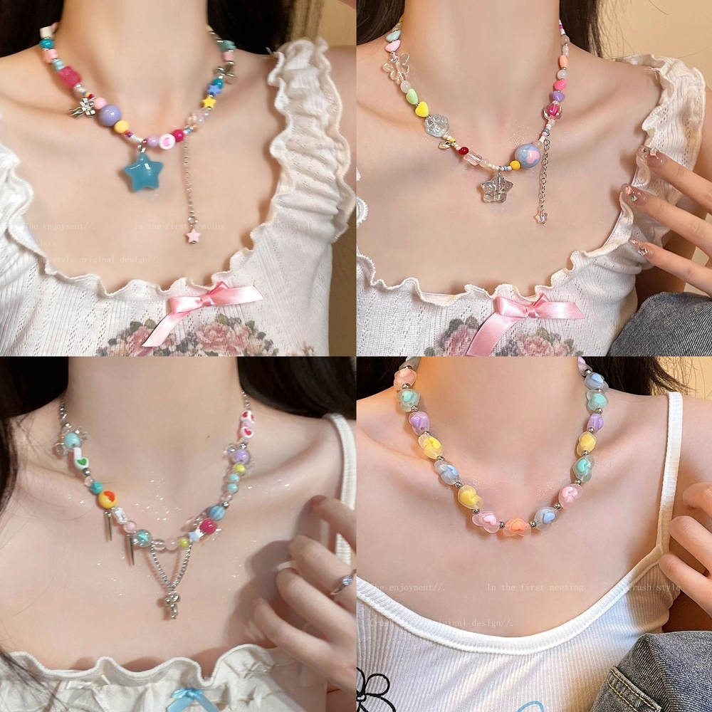 [LL] สร้อยคอลูกปัดคริสตัล รูปผีเสื้อ ดอกไม้ เชอร์รี่ ดาว หลากสี เครื่องประดับ สําหรับผู้หญิง