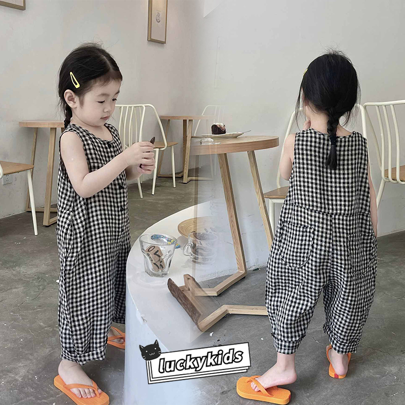 น่ารักเด็กสาวลายสก๊อตแขนกุดromperฤดูร้อนเด็กทารกผ้าฝ้ายjumpsuit