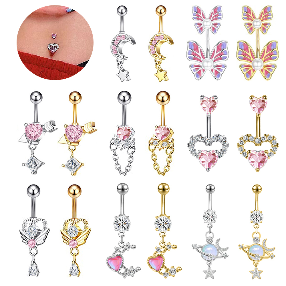 1 PC 14G หัวใจสีชมพูคริสตัล Belly ปุ่มแหวนสแตนเลสผีเสื้อ Moon Navel เจาะ Belly สะดือแหวน Body Piercings