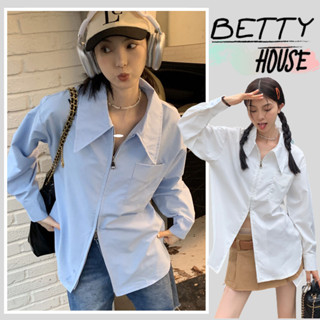 Betty House🎀เสื้อแขนยาวสีขาวผู้หญิง🥕สีฟ้าเสื้อผู้หญิงสไตล์เกาหลี เสื้อแฟชั่นเกาหลี เสื้อเชิ้ตคอเหลี่ยมดีไซน์ซิปสไตล์เกาหลี