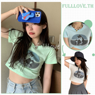 Fulllove Y2Kเสื้อครอปท็อปแขนสั้น พิมพ์ลายแมวน่ารัก แบบเข้ารูป แฟชั่นสําหรับผู้หญิง ผ้าใส่สบาย ใส่เที่ยวเก๋ๆ crop top