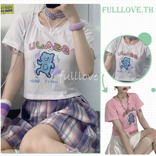 Fulllove เสื้อยืด เสื้อครอปเอวลอย คอกลม สกรีนลายหมี ผ้านิ่ม ทรงสวย สไตล์เกาหลี crop top Y2K