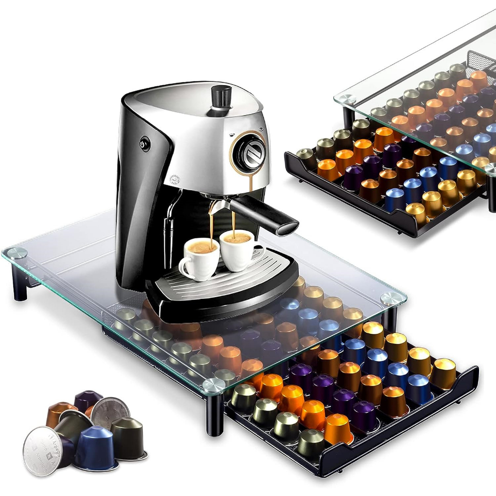 ที่ใส่กาแฟ Pod กาแฟที่งดงาม Pod ที่เก็บลิ้นชักสําหรับ 60 แคปซูลเก็บกาแฟอเนกประสงค์วางลิ้นชักกระจกนิรภัย