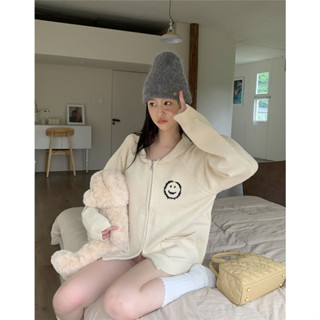 Loose color matching smiley face zipper sweater knit top cardigan jacket