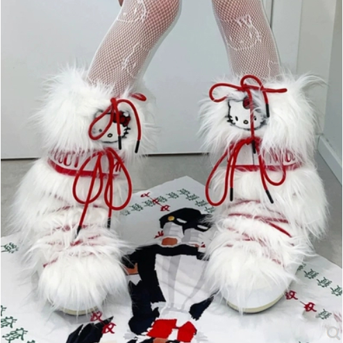 【HARORO】sanrio รองเท้าบูทยาว แบบผูกเชือก ลาย Hello Kitty สีขาว แฟชั่นฤดูหนาว สําหรับผู้หญิง 2023