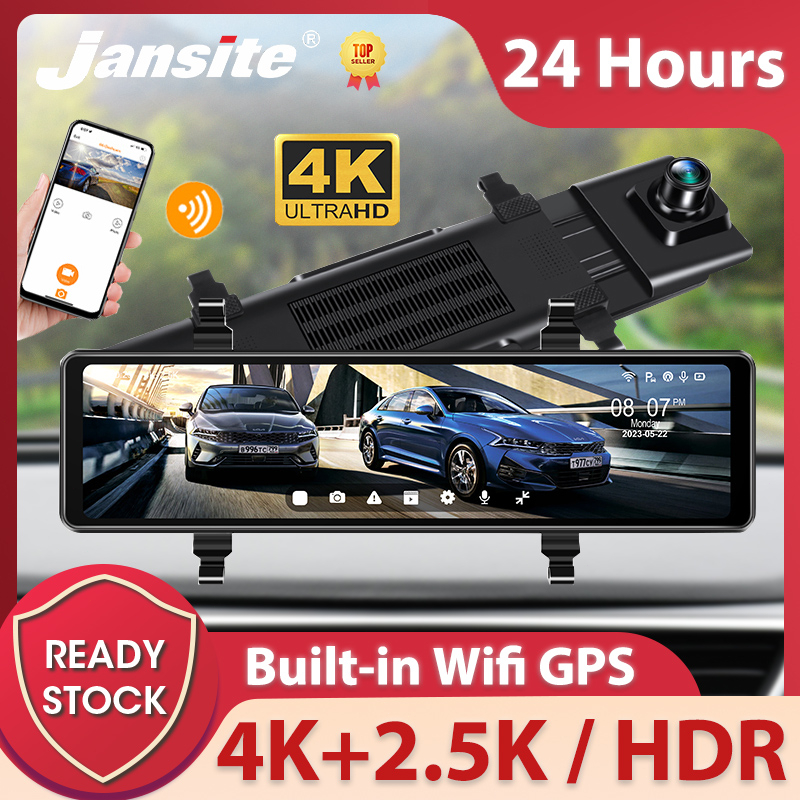 Jansite กล้องบันทึกวิดีโอ DVR 4K เลนส์คู่ GPS 12 นิ้ว ควบคุมด้วยเสียง Wifi จอดรถ 24 ชม. สําหรับติดรถยนต์