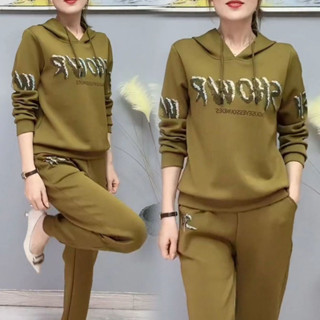 เสื้อกันหนาวแขนยาว มีฮู้ด และกางเกงขายาว เอวสูง ทรงหลวม ขนาดใหญ่ สําหรับผู้หญิง ไซซ์ 4XL 2 ชิ้น #883