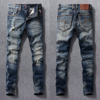 กางเกงยีนส์ Vintage Man คุณภาพสูง Blue Slim Fit Straight Cylinder เย็บปักถักร้อย Trend Man Vintage Jeans