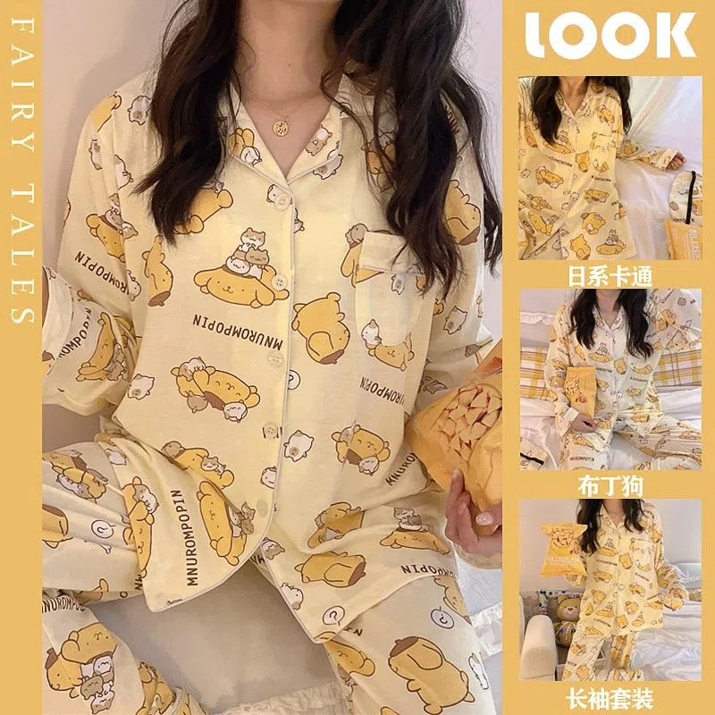 พร้อมส่ง ชุดนอนไหมอิตาลีพรีเมียร์ แขนยาวขายาว ลายการ์ตูน ผ้านิ่มมาก กระดุมหน้าคอปก