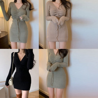 Gjcute Basic MiniDress เดรสสั้นไหมพรมกิมมิคเชือกรูดด้านหน้า ผ้าเทกเจอร์ทอร่อง สวยสไตล์เกาหลี