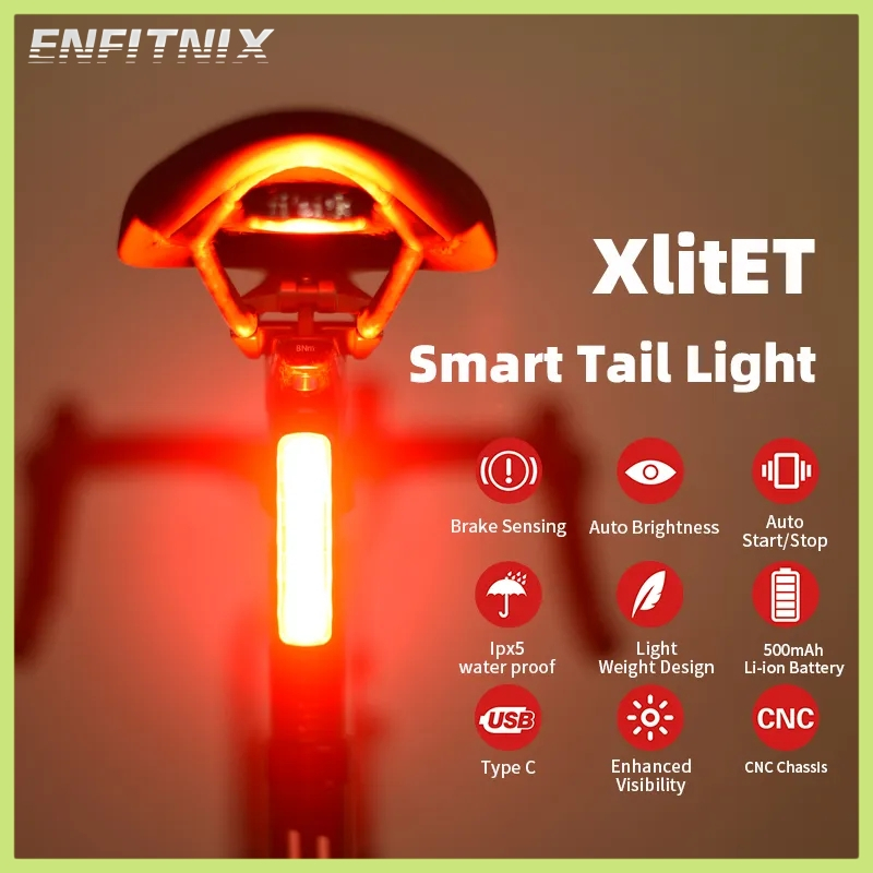 Enfitnix XliteT ไฟท้ายจักรยาน สตาร์ทอัตโนมัติ หยุด ไฟท้ายอัจฉริยะ USB Type C ชาร์จ IPX5 กันน้ํา ไฟเบรก