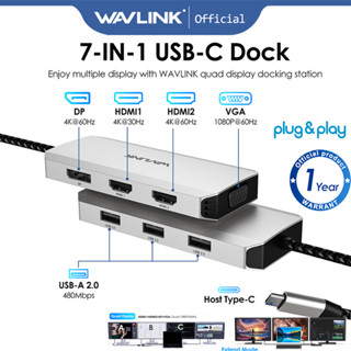 Wavlink อะแดปเตอร์เชื่อมต่อหน้าจอแล็ปท็อป USB C Quad Monitor 7-IN-1 หลายพอร์ต สําหรับ Mac Windows Chrome OS Linux Android