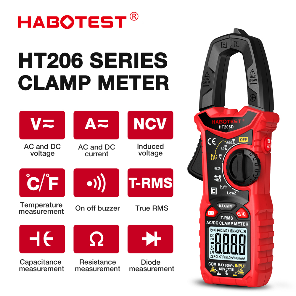 【จัดส่งจากกรุงเทพ】HABOTEST HT206 แคลมป์มิเตอร์ 600V AC/DC 6000 นับดิจิตอล มัลติมิเตอร์ ปัจจุบันอัตโนมัติช่วงมัลติมิเตอร์ 600A แอมป์ มิเตอร์ทดสอบ แรงดันไฟฟ้า โอห์ม ความต่อเนื่อง Hz