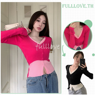 Fulllove เสื้อไหมพรมแขนยาว 2ชั้นติดกันเก๋มาก สตรีทมาก Y2K crop top