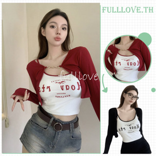 Fulllove เสื้อครอป เสื้อยืดผู้หญิง เสื้อไหมพรม คาร์ดิแกน สไตล์เกาหลีเรโทร นุ่ม และสบาY2K crop top