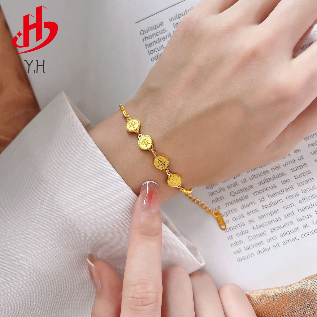 ⭐Y.H⭐ 316L ความสงบสุข มีความสุข อวยพร 18K กำไลข้อมือสแตนเลส