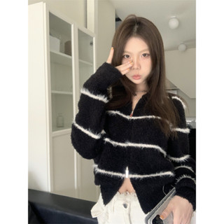 Autumn short plush mohair cardigan polo neck stripe lazy style sweater