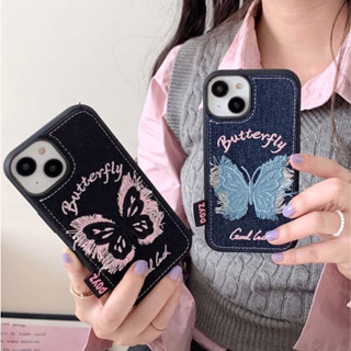 เคสโทรศัพท์มือถือ ผ้ายีน แบบนิ่ม ปักลายผีเสื้อ 3D กันกระแทก สําหรับ iPhone 11 12PROMAX 13PROMAX 14 14PROMAX 15PROMAX 14PROMAX 14PRO