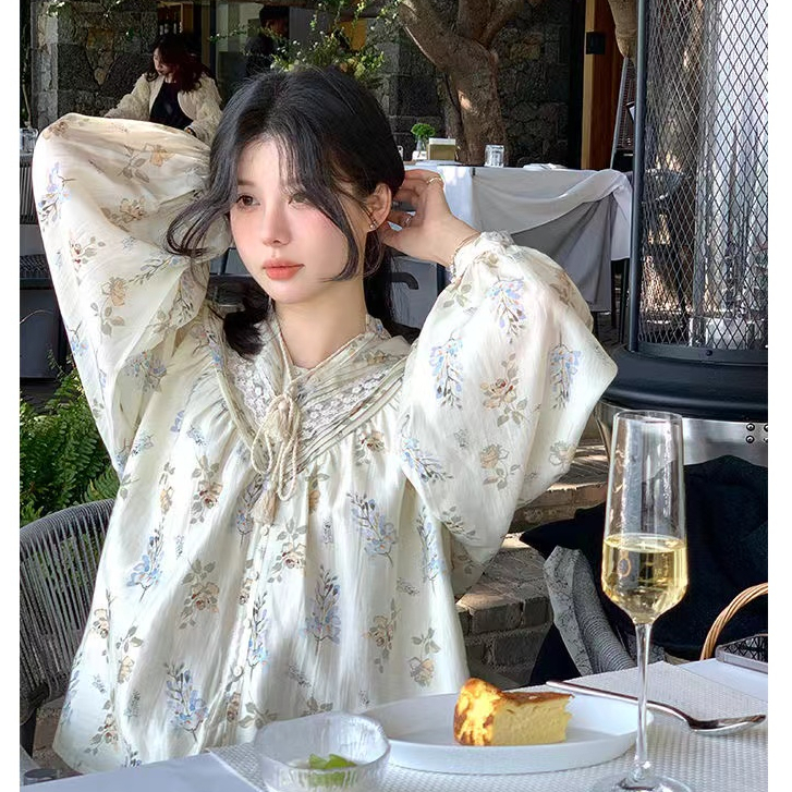 เสื้อเบลาส์ คอวี แขนยาว ทรงหลวม ลายดอกไม้ สไตล์เกาหลี แฟชั่นเรโทร สําหรับผู้หญิง