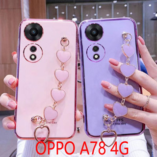 เคสโทรศัพท์มือถือ ชุบไฟฟ้า ลายหัวใจ พร้อมสายคล้องมือ สําหรับ OPPO A78 4G