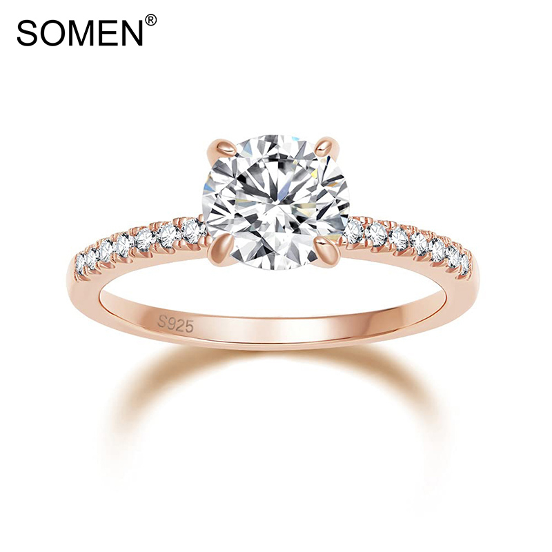 Somen Rose Gold 1.25 CT รอบ Solitaire Cubic Zirconia 925 เงินสเตอร์ลิงแหวนหมั้น Halo Promise แหวนขนาด 4-12