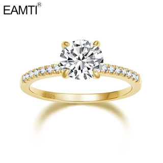 Eamti แหวนเงินแท้ 925 ประดับเพทาย 1.25 CT ทรงกลม สีทอง ไซซ์ 3-12