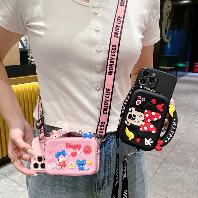 สําหรับ iPhone 17 16 13 14 15 12 11 Pro X XS Max XR 7 8 Plus เคสโทรศัพท์กระเป๋าสตางค์แบบนุ่มน่ารักพร้อมสายคล้อง