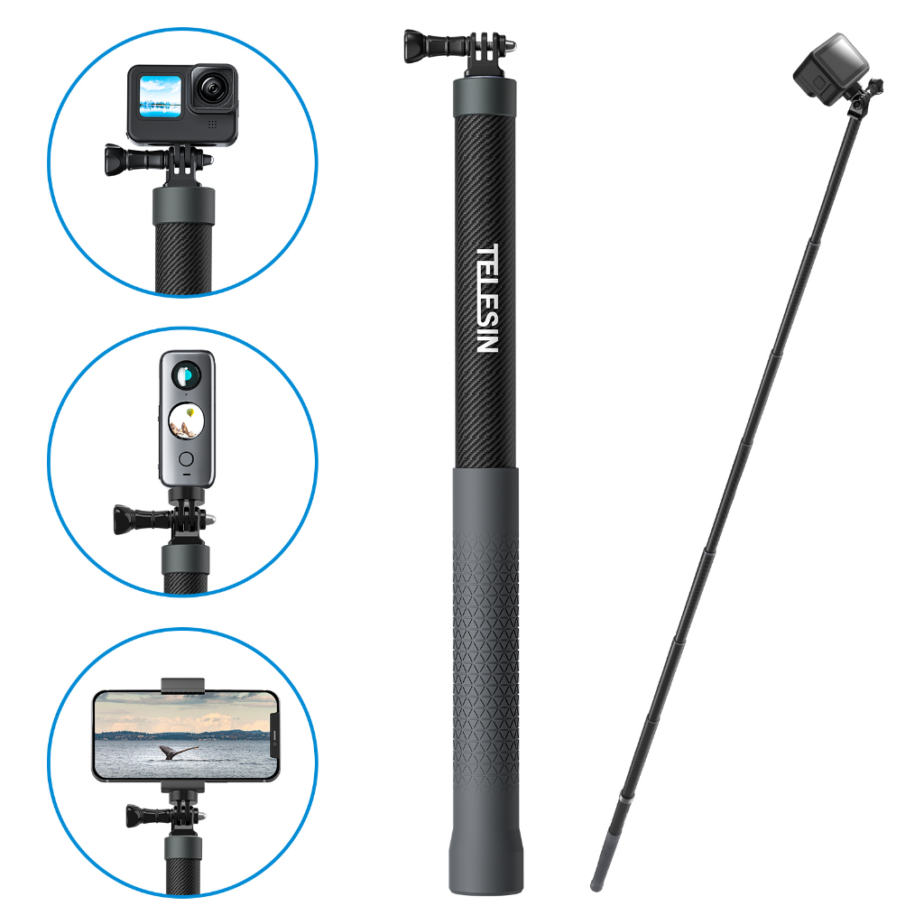 Telesin ไม้เซลฟี่คาร์บอนไฟเบอร์ 0.9 ม. 3 ม. พร้อมสกรู 1/4 สําหรับ GoPro Insta360 Osmo Action DJI Action Camera
