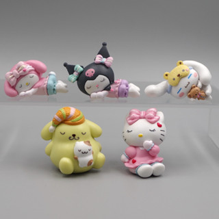 SANRIO โมเดลฟิกเกอร์ PVC รูปการ์ตูนอนิเมะ Hello Kitty Kuromi My Melody Cinnamorol Onpompurin Sleep ขนาด 4 ซม. ของเล่นสําหรับเด็ก 5 ชิ้น ต่อชุด