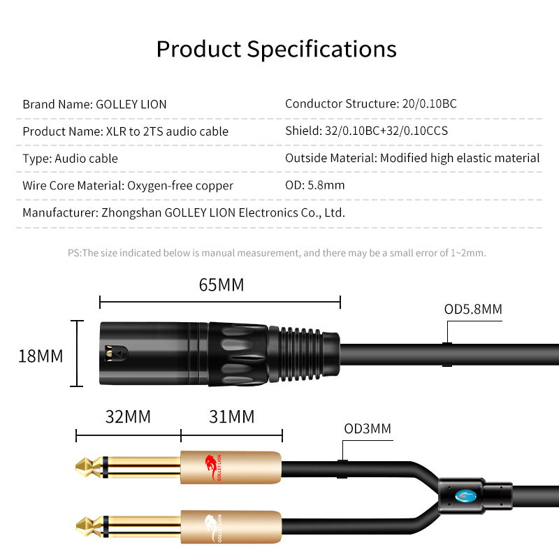 Golley LION XLR 3 Pin Male to Double 6.35 มม. 1/4 TS Male Y Splitter Cable, Dual Mono Male (1/4 นิ้ว) 6.35 มม. to XLR Male Plug Stereo Microphone Cables ราคา ถูกที่สุด ดีลบีเคเค แกลเลอรีภาพที่ 6