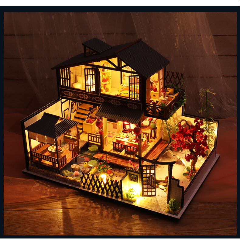 CUTEBEE ถิ่นที่อยู่อาศัยในป่า LED และฝาครอบกันฝุ่นและกล่องดนตรี บ้านตุ๊กตา บ้านของเล่น DIYบ้านจิ๋ว ของขวัญวันหยุด