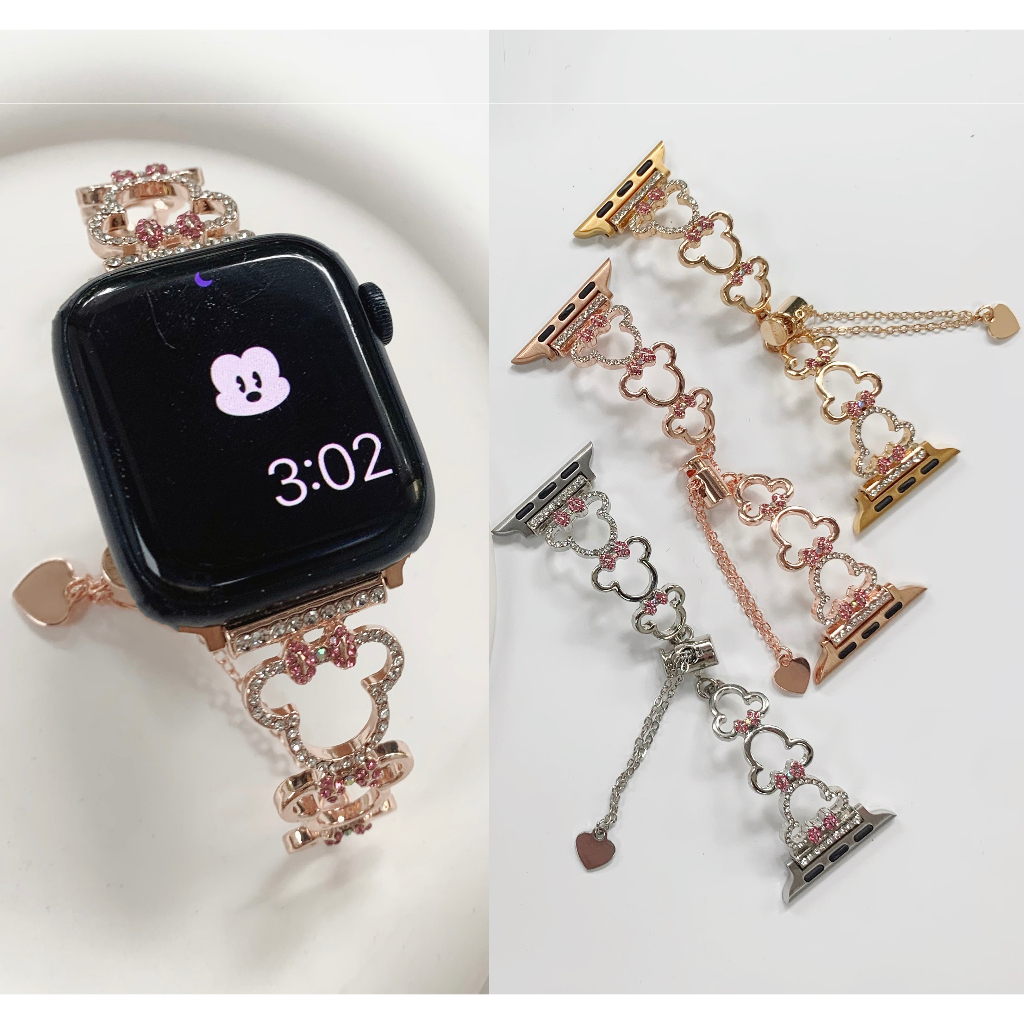 สายนาฬิกาข้อมือโลหะ ประดับเพชร ลายมินนี่เมาส์น่ารัก สําหรับ Watch Strap Series 10 9 8 7 6 5 4 3 2 1 SE SE2 Ultra Ultra Ultra 2 ขนาด 49 มม. 41 มม. 45 มม. 38 มม. 42 มม. 40 มม. 44 มม. 49 มม. Compatible for apple watch สาย