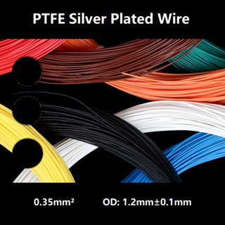 22AWG Silver Plated Wire OD1.2mm Soft PTFE Insulate Electron Cable 0.35mm² OFC Copper High Temperature Headphone Line สายเคเบิลหูฟัง ชุบเงิน ทองแดง