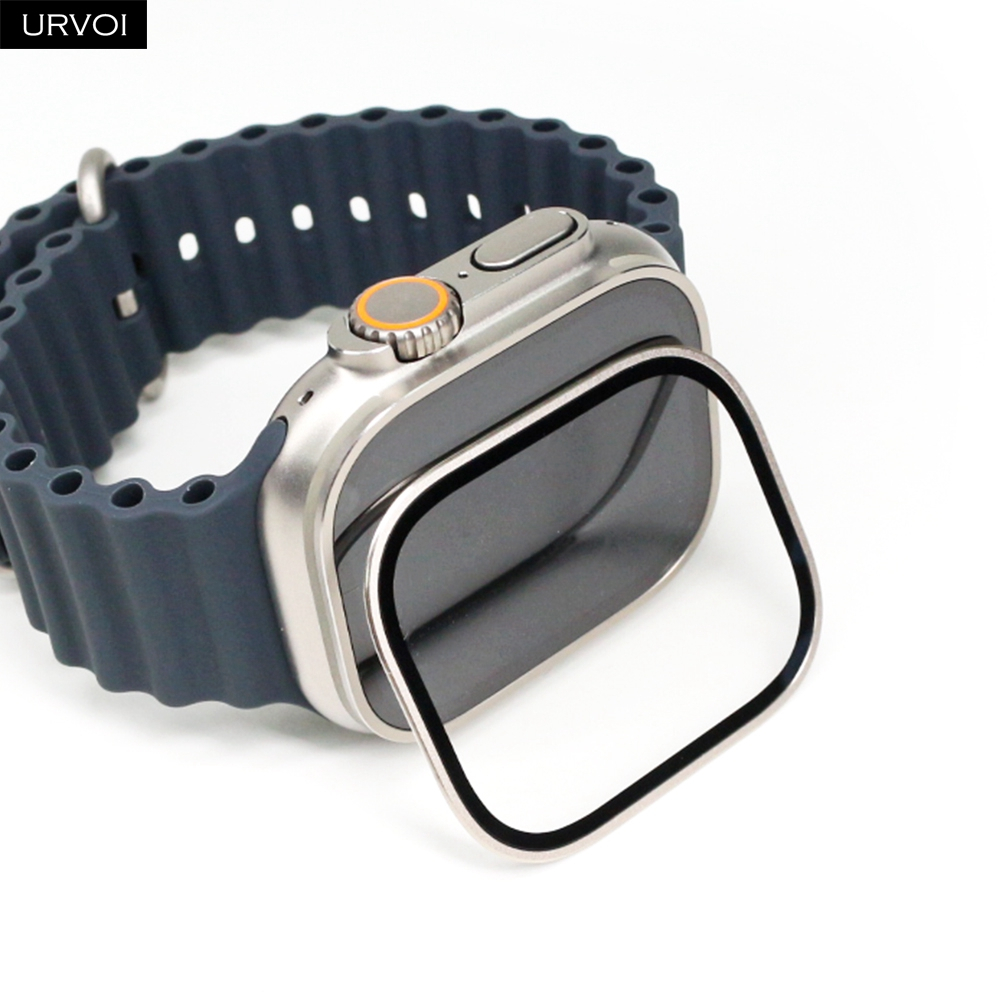 URVOI กระจกนิรภัยป้องกันหน้าจอสําหรับ Apple Watch Ultra อุปกรณ์เสริม hard Curved Clear 3D สําหรับ iWatch กรอบโลหะ 49 มม.