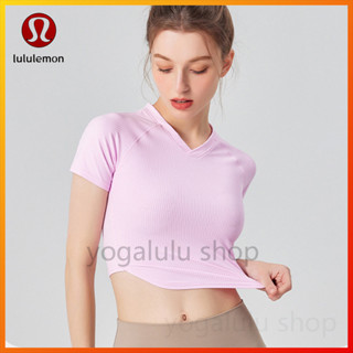 Lululemon เสื้อกีฬา คอวี แขนสั้น ลายทาง เซ็กซี่ สําหรับเล่นโยคะ วิ่ง YD218