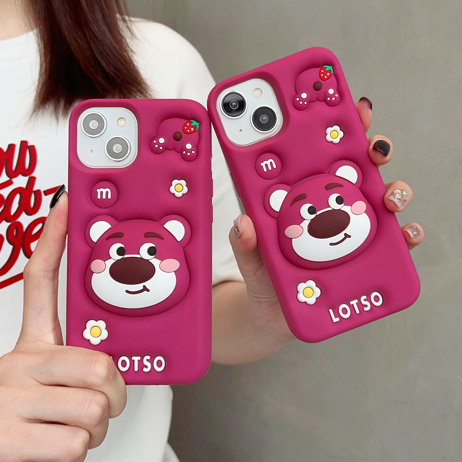 เคสโทรศัพท์มือถือ ซิลิโคนนิ่ม ลายหมีสตรอเบอร์รี่ 3D สําหรับ iphone 15 Pro Max 14 Pro Max 13 Pro Max 12 Pro Max