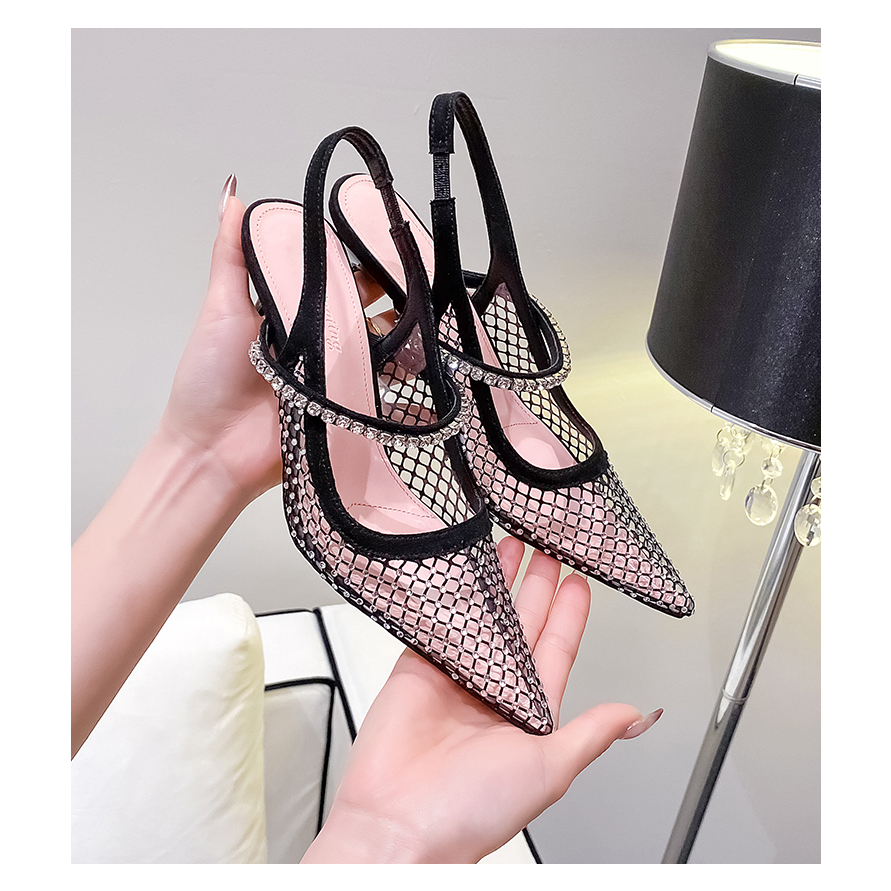 [Heel รองเท้าส้นสูง 6 ซม. 8 ซม.] หัวแหลม ประดับพลอยเทียม สีดํา แฟชั่นฤดูร้อน สําหรับผู้หญิง