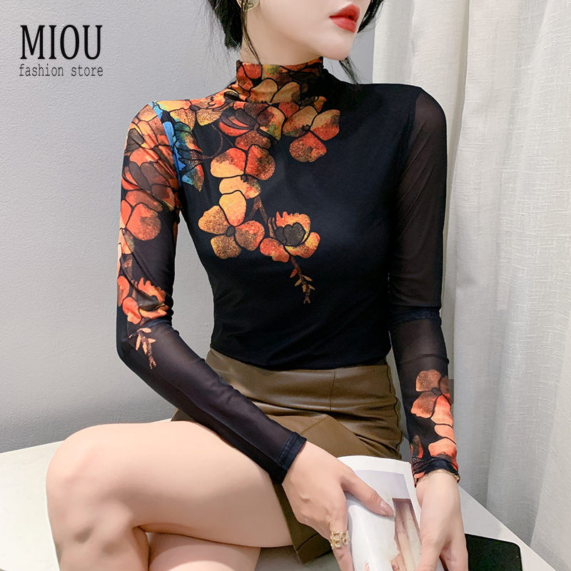Miou เสื้อยืดแขนยาว คอสูง ผ้าตาข่าย ยืดหยุ่น ขนาดใหญ่ 4XL แฟชั่นฤดูใบไม้ร่วง ฤดูหนาว สไตล์ยุโรป สําหรับผู้หญิง 2023