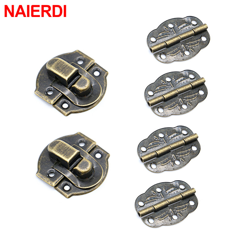 Naierdi บานพับตู้ โลหะ สีบรอนซ์ สไตล์โบราณ 4 ชิ้น และตัวล็อกโลหะ ขนาดเล็ก 2 ชิ้น สําหรับกล่องเก็บเครื่องประดับ กล่องไม้