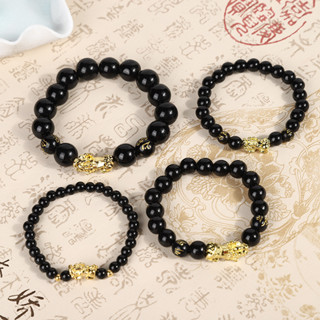 Golden Pixiu สร้อยข้อมือ 8 มม. 10 มม. 12 มม. 14 มม. สีดํา