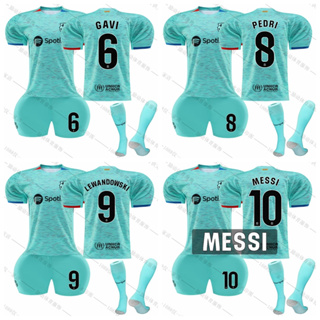 เสื้อกีฬาแขนสั้น ลายทีมชาติฟุตบอล Barcelona Second Away Gavi Pedri Messi Lewandowski 2023-24 ชุดเหย้า สําหรับเด็ก และผู้ใหญ่