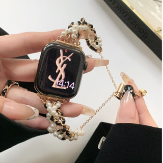 สายนาฬิกาข้อมือ ประดับไข่มุก สีดําทอง สําหรับ iWatch Ultra 2 9 8 SE 7 6 5 4 3 1 49 มม. 41 มม. 45 มม. 38/42 มม. 40/44 มม.