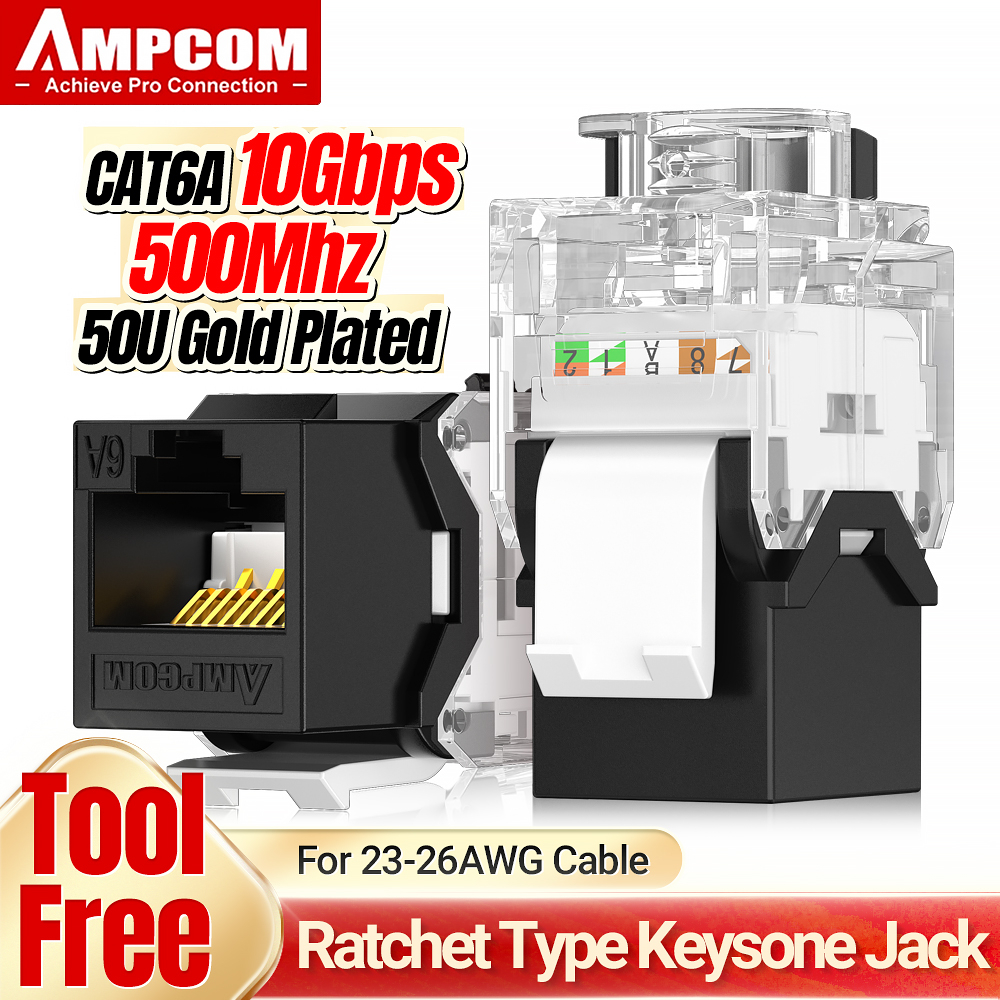 AMPCOM คีย์สโตนแจ็ก CAT6A RJ45, ล็อคแรตเช็ท UTP โมดูลคัปเพลอร์แบบไม่ต้องใช้เครื่องมือ โมดูลคีย์สโตนแจ็ก 10Gbps